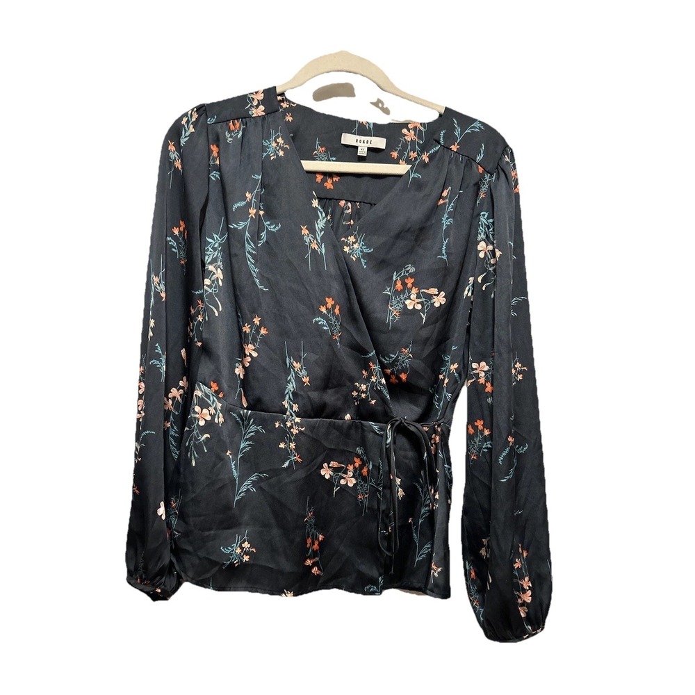 Ro & De Anthropologie Floral Faux Wrap Top XS Satin Long Balloon Sleeve Blouse‎
